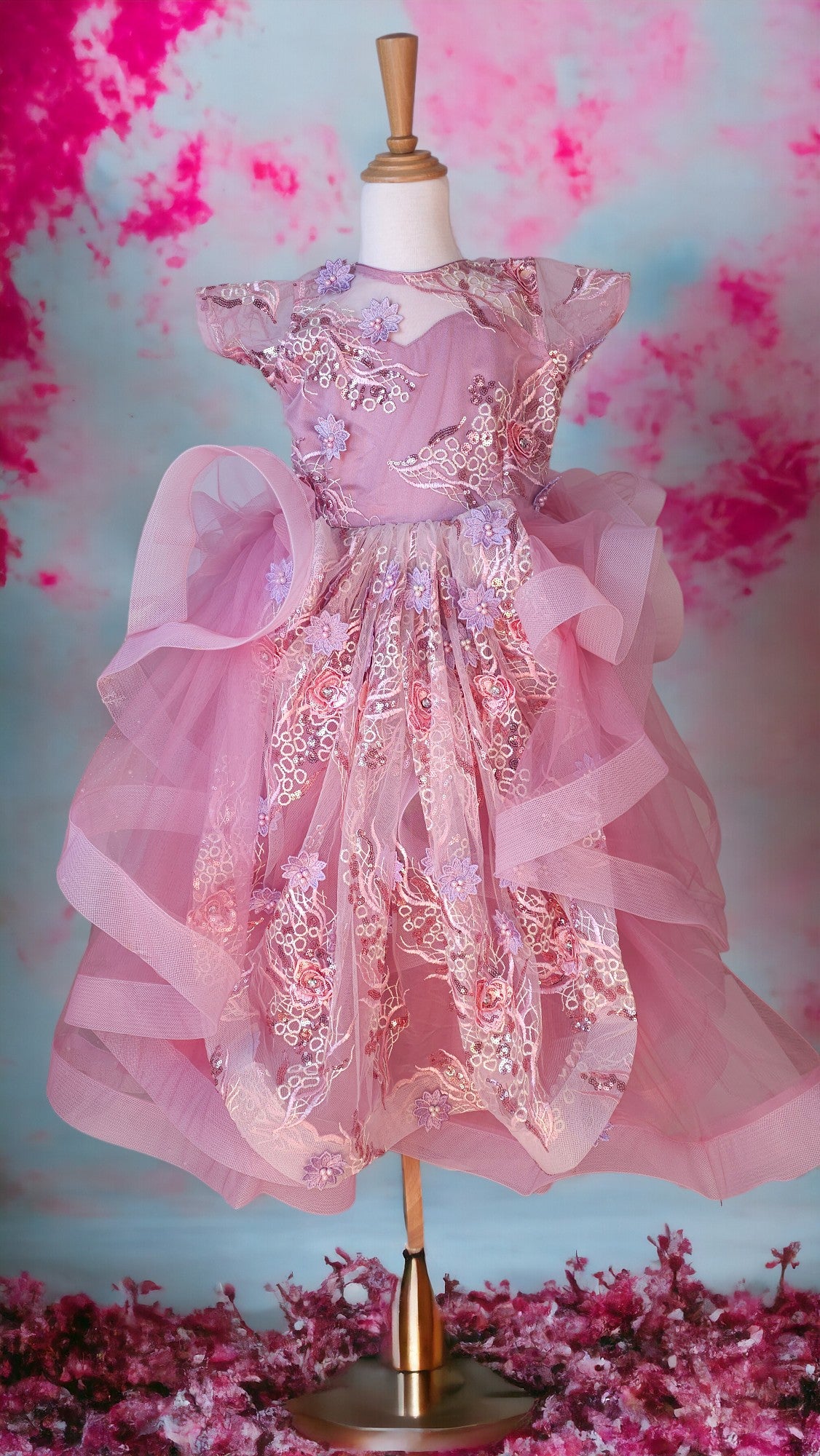 Pink floral tulle dress long