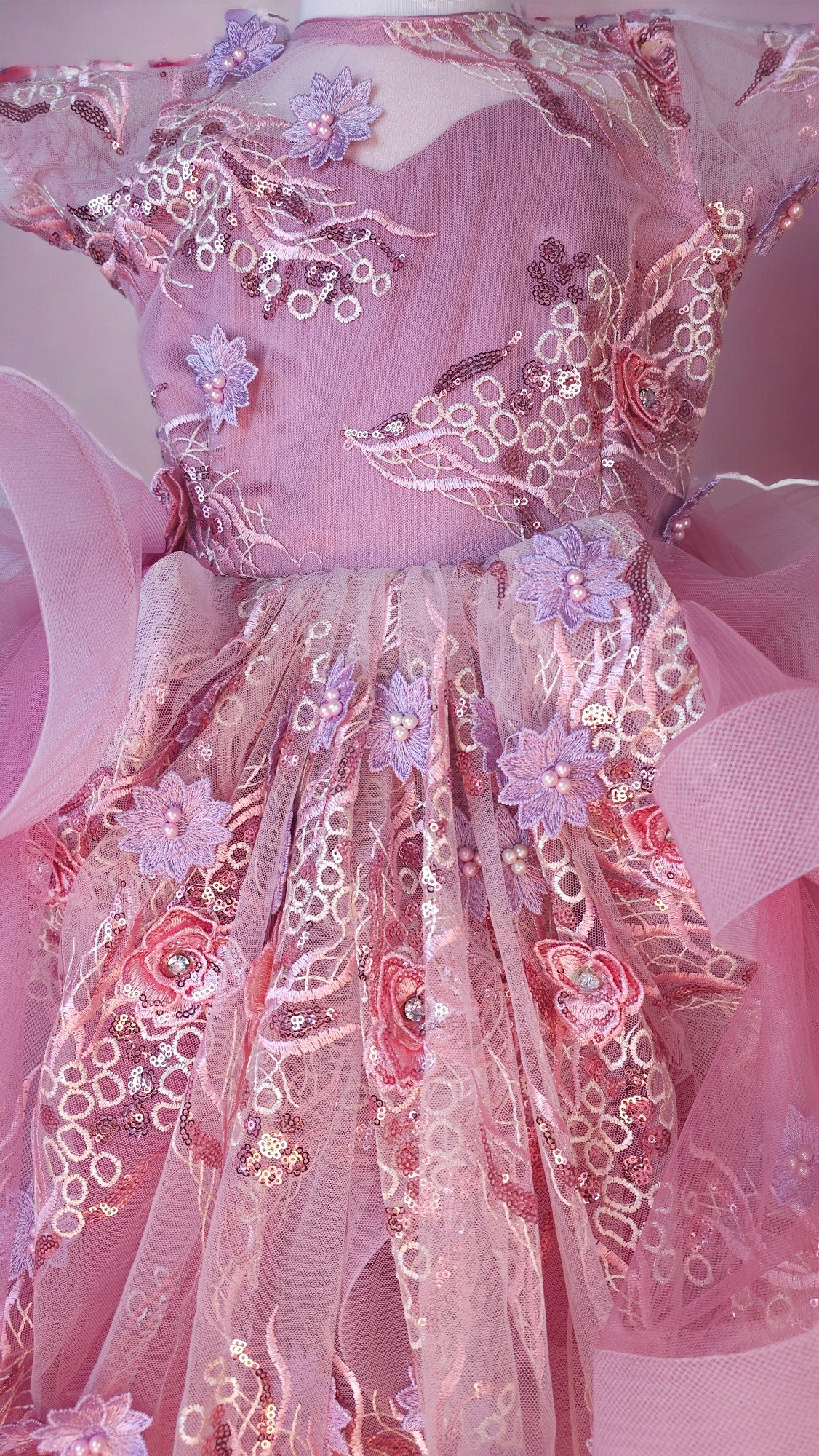 Pink floral tulle dress long
