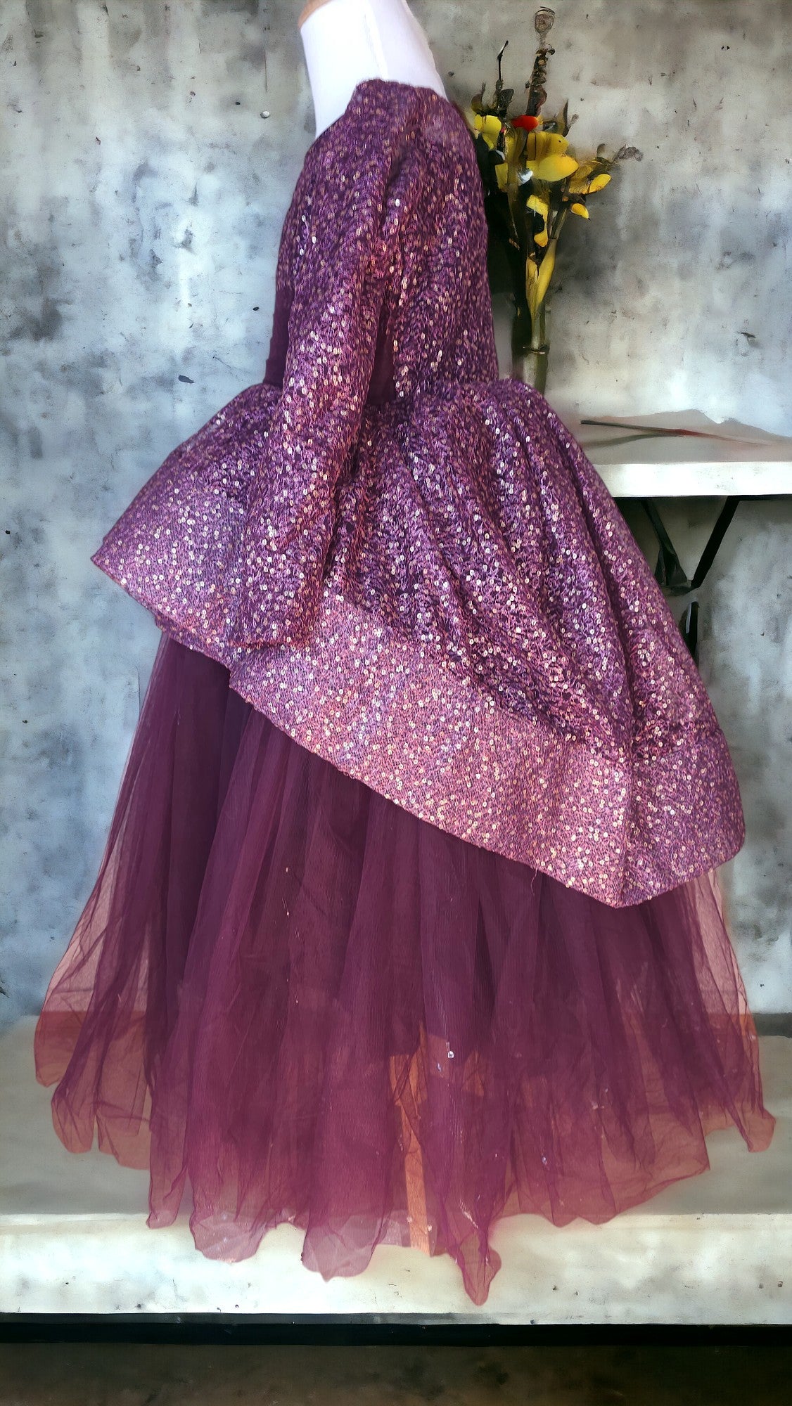 NUDE SHEER LACE HIGH LOW TULLU LONG DRESS