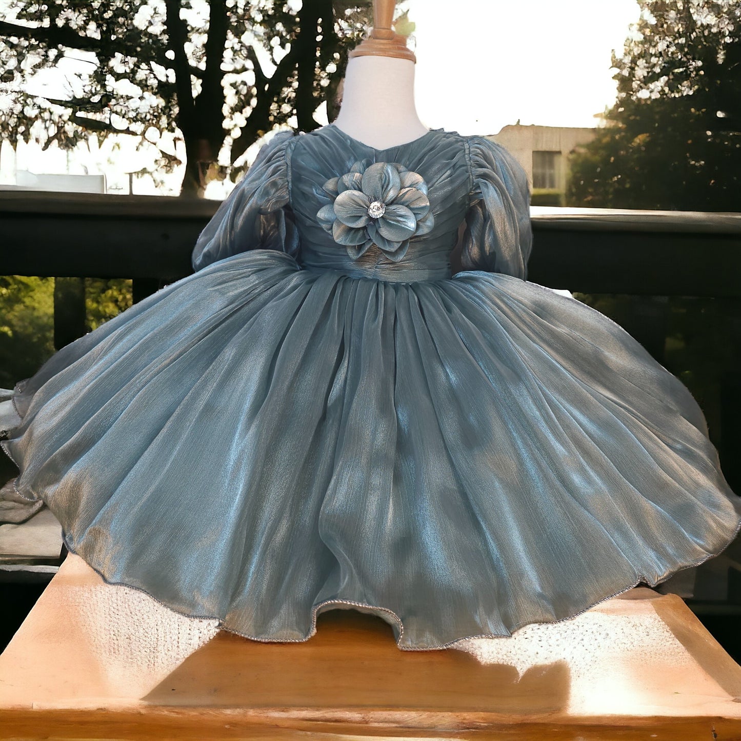 Big Flower Ash Green Organza Dress