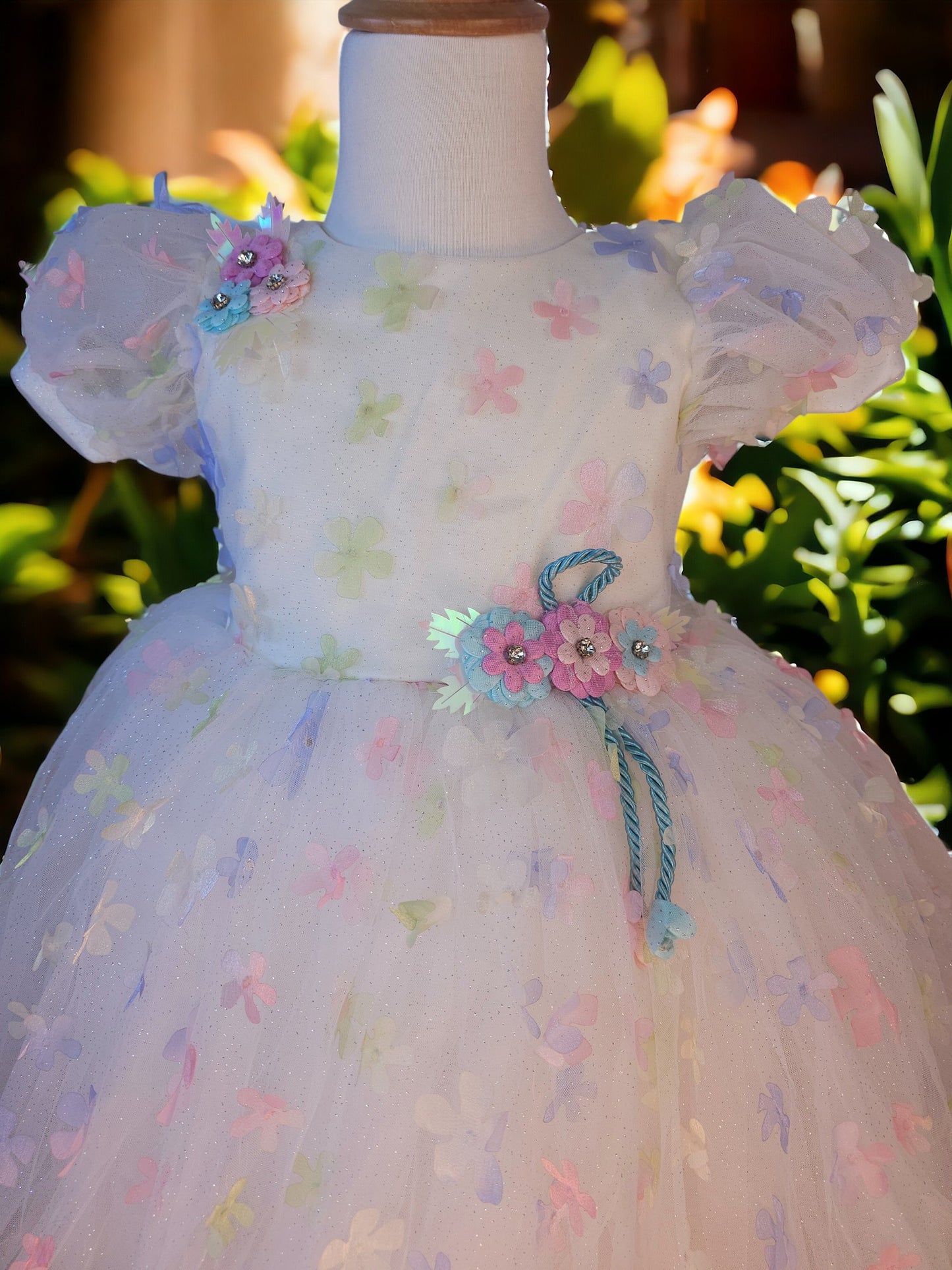 3D Rainbow Flower White Dress