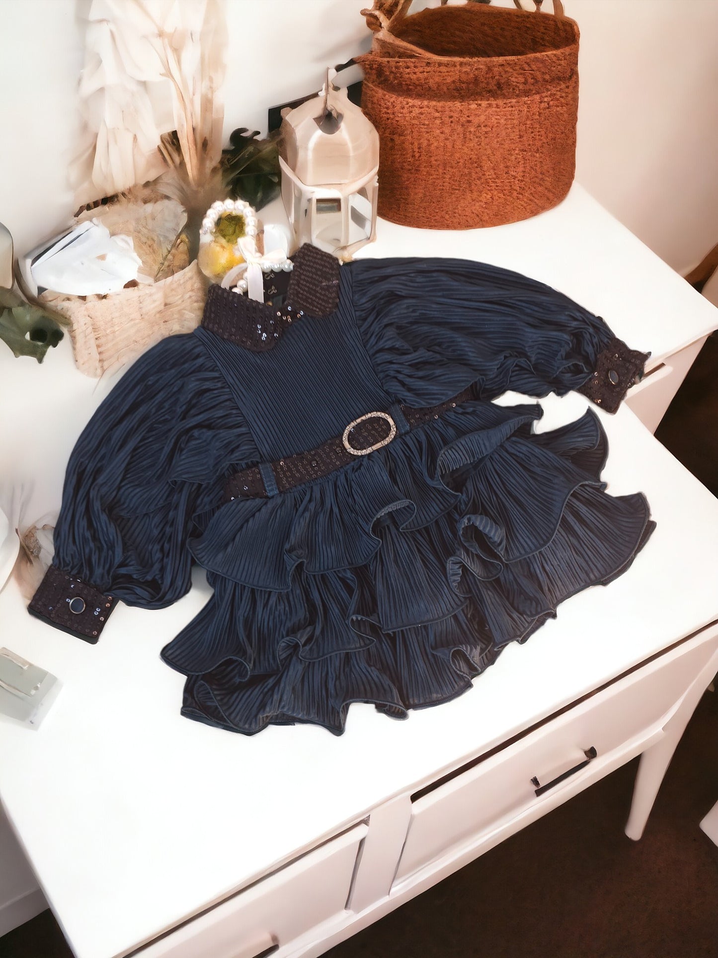 Sequence Collar Dark Green Ruffle Dress