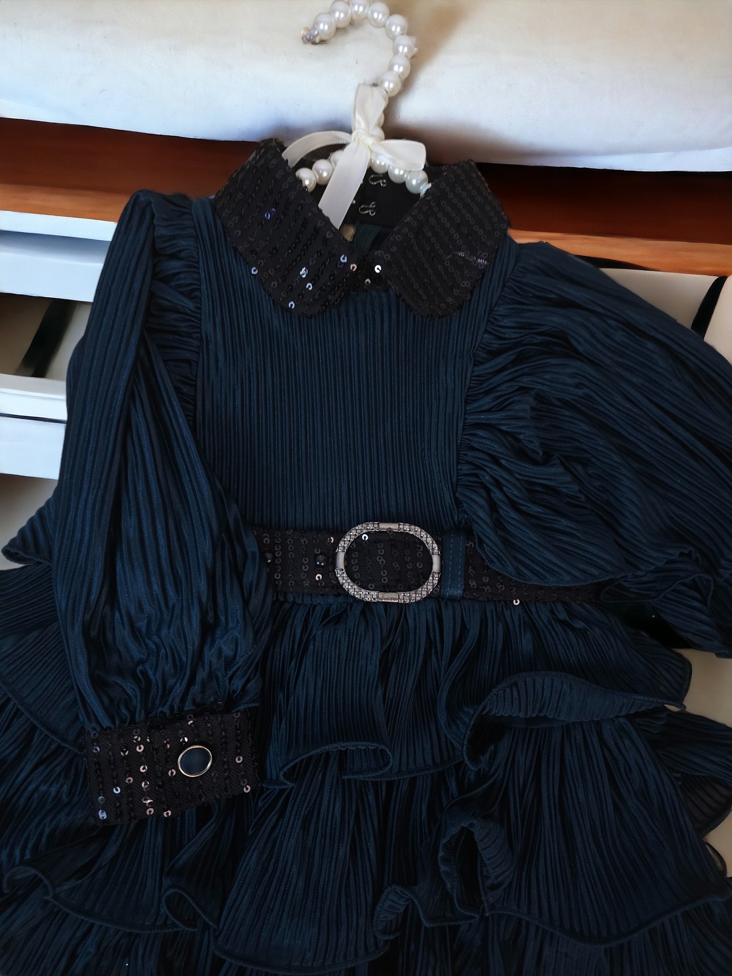 Sequence Collar Dark Green Ruffle Dress