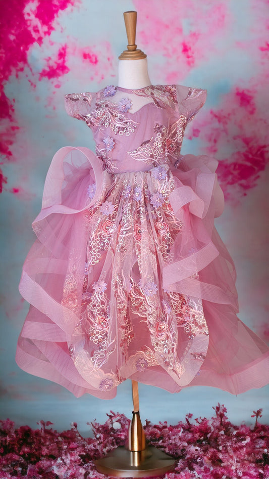 Pink floral tulle dress long