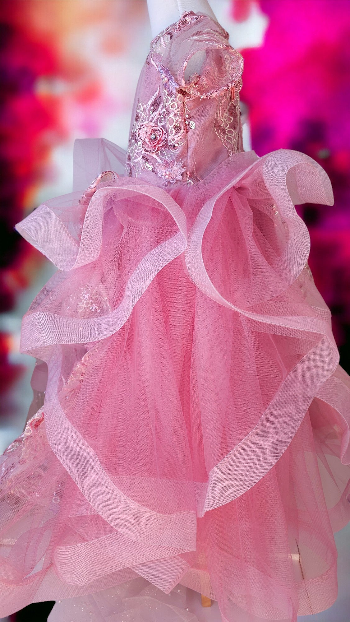 Pink floral tulle dress long
