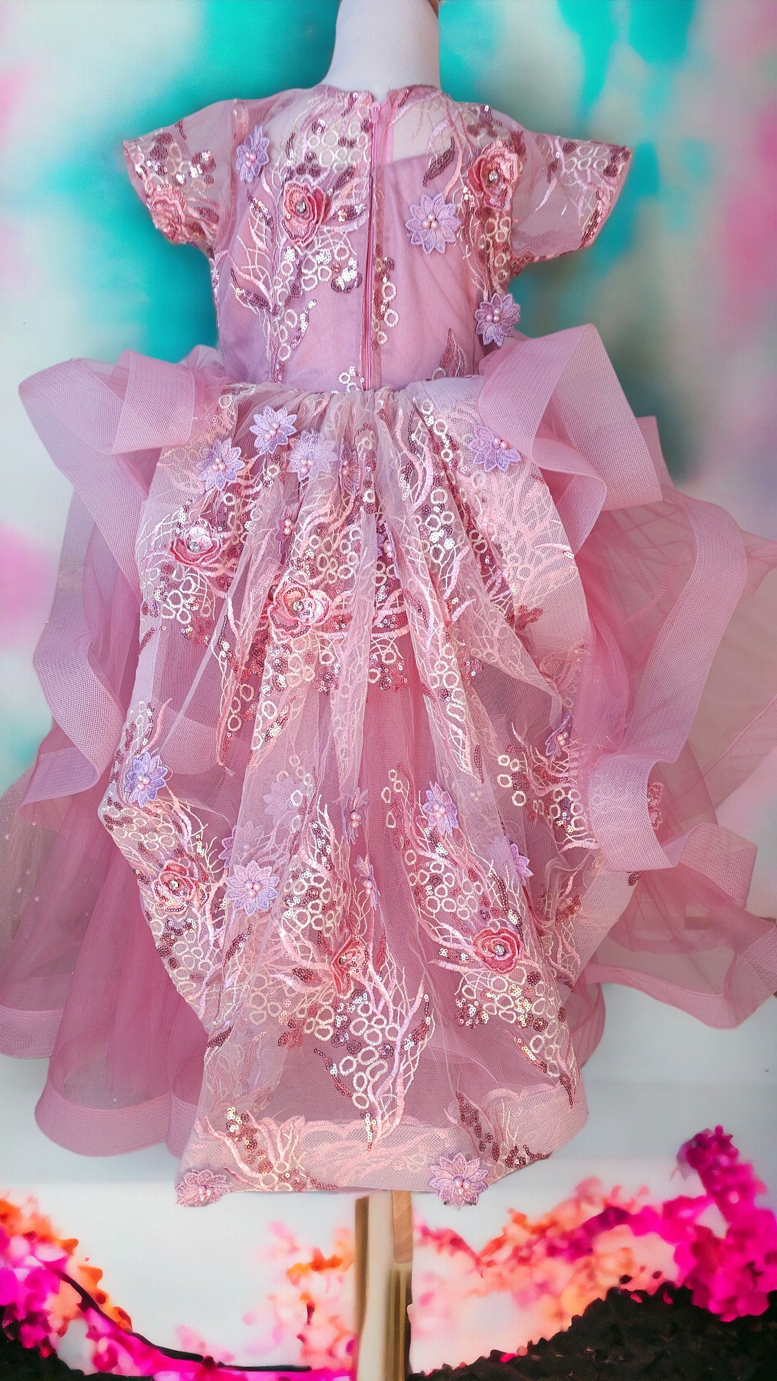 Pink floral tulle dress long