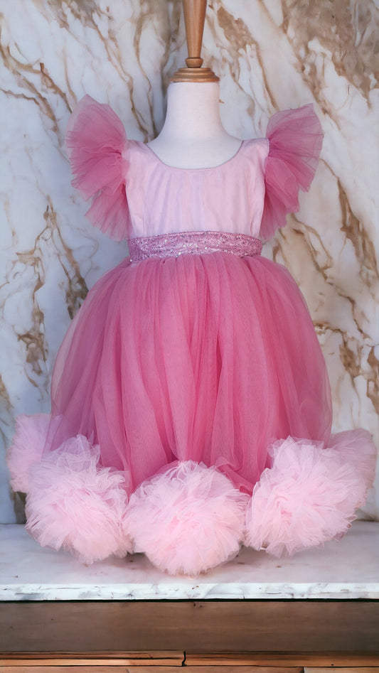 PINK DOUBLE SHADED FLORAL BOTTOM DRESS