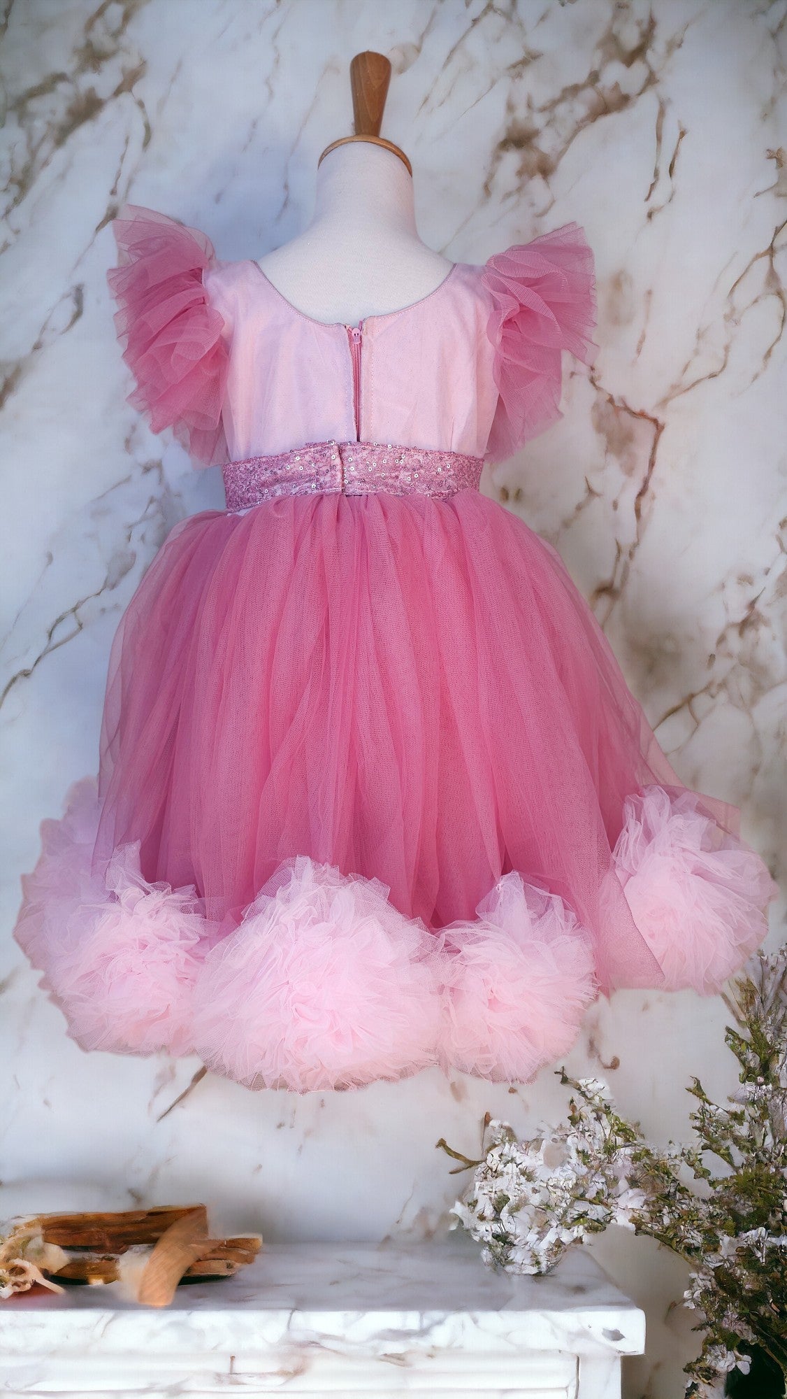 PINK DOUBLE SHADED FLORAL BOTTOM DRESS