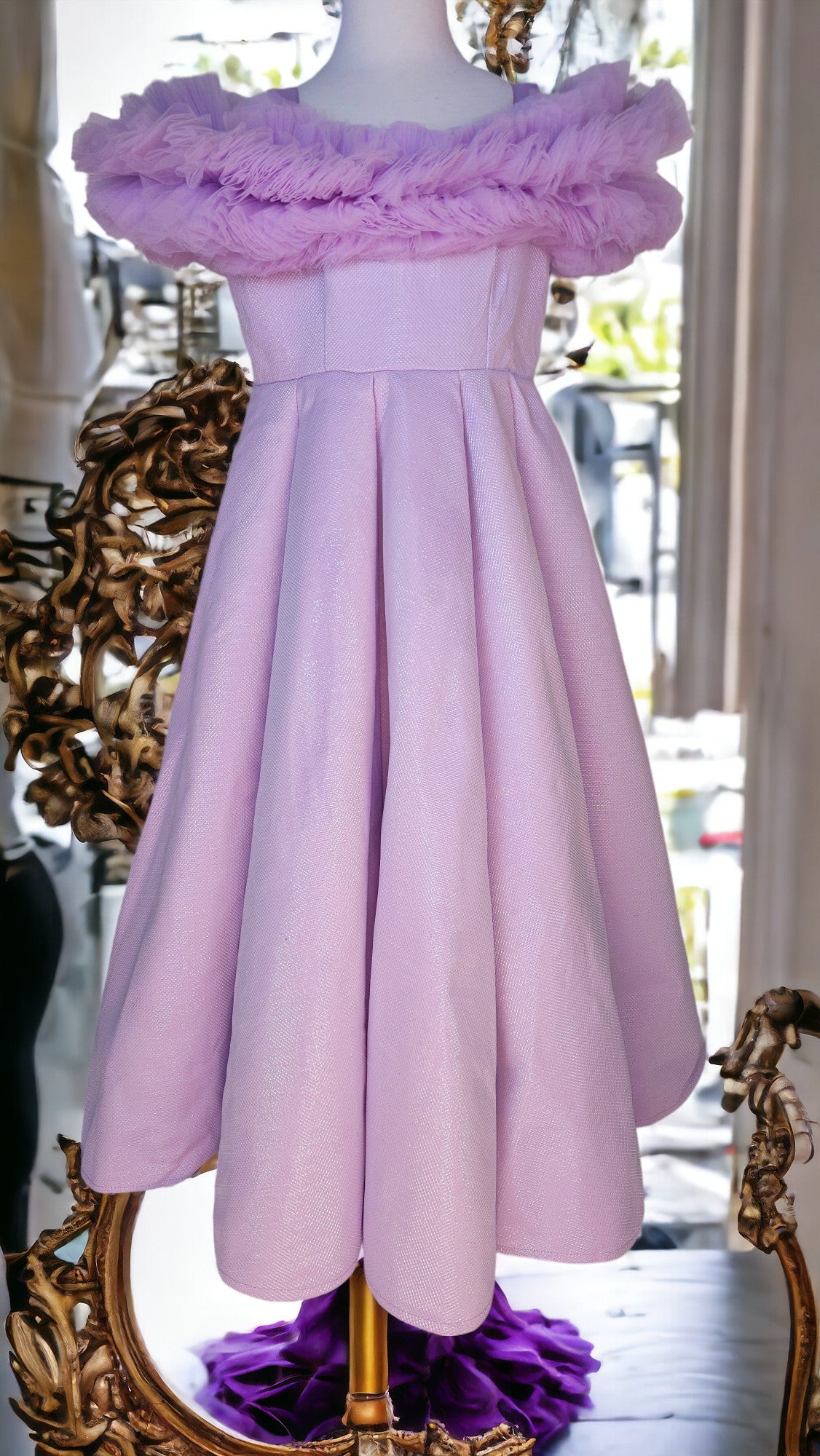 PURPLE  BALL GOWN WITH RUFFLE SHOULDER