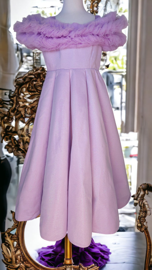 PURPLE  BALL GOWN WITH RUFFLE SHOULDER