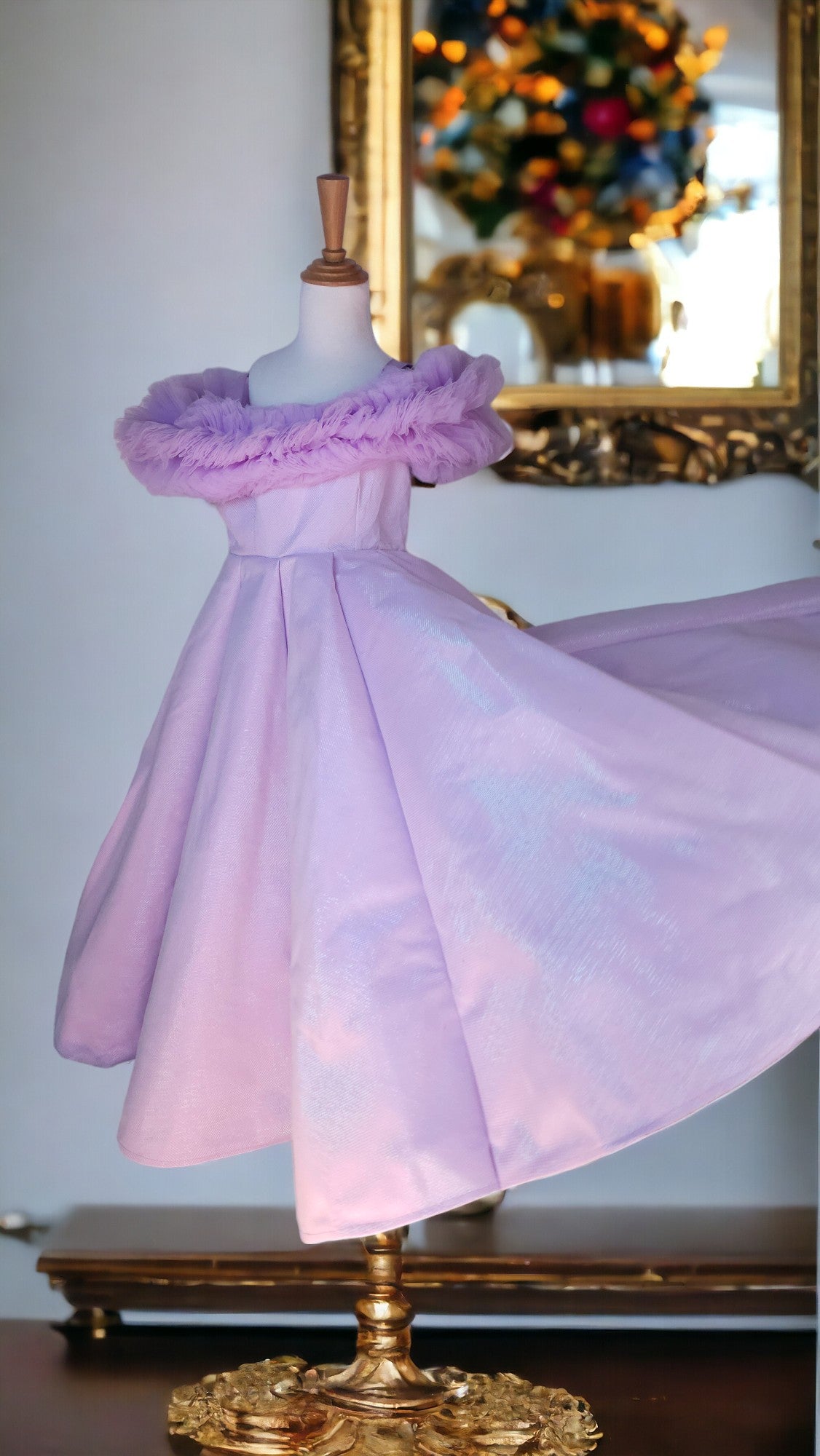 PURPLE  BALL GOWN WITH RUFFLE SHOULDER