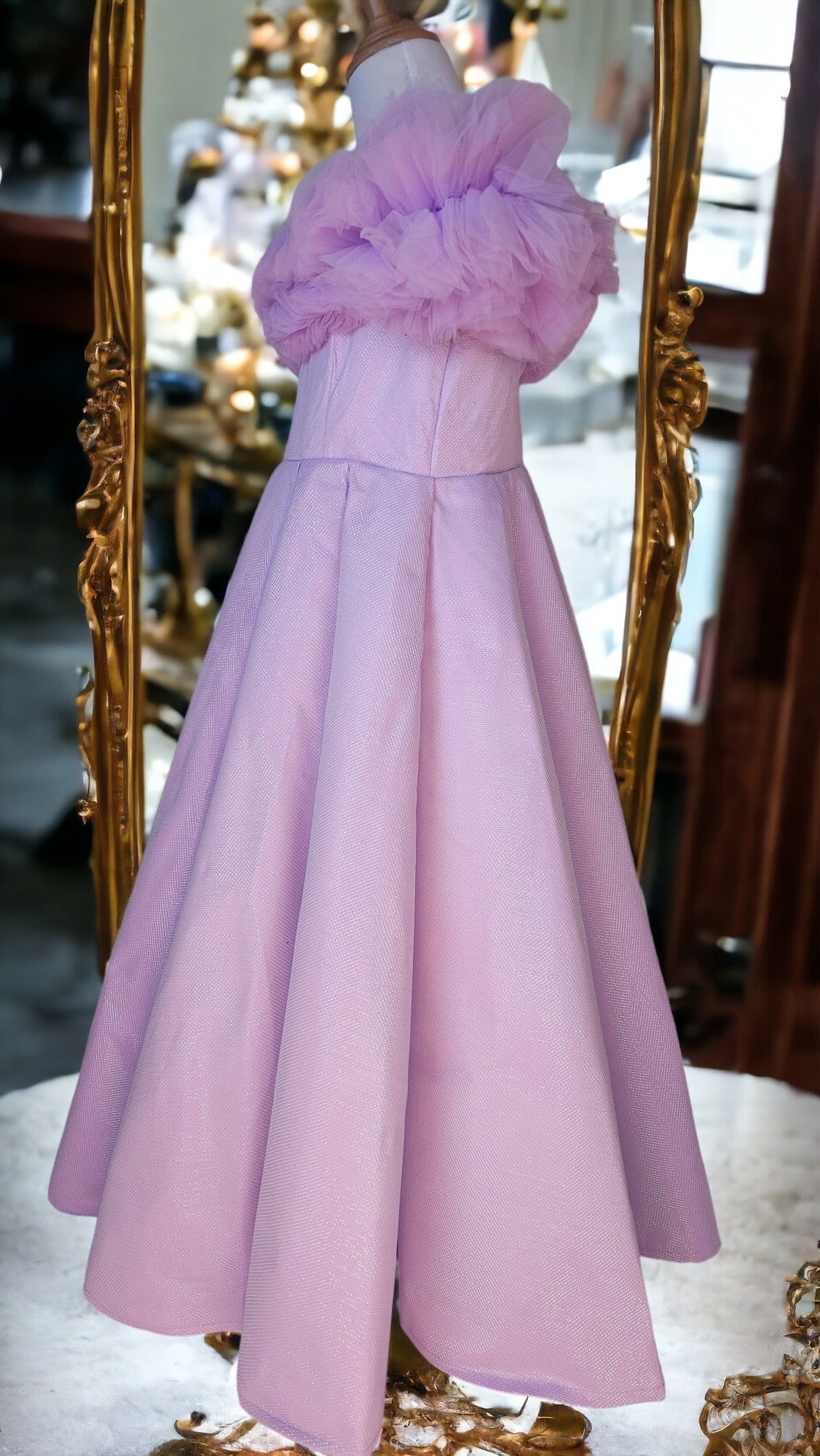 PURPLE  BALL GOWN WITH RUFFLE SHOULDER