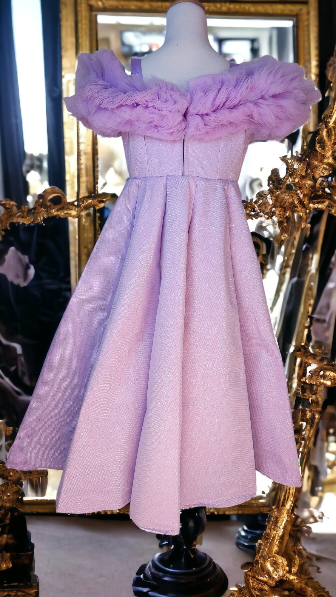 PURPLE  BALL GOWN WITH RUFFLE SHOULDER