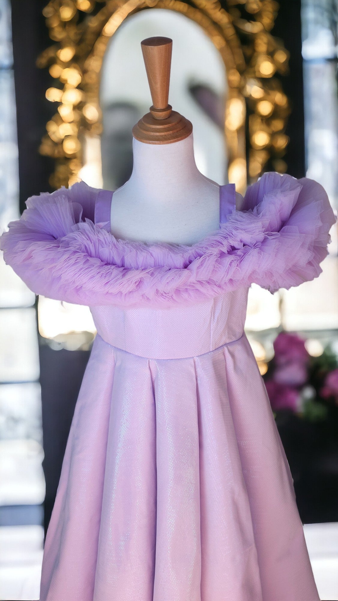 PURPLE  BALL GOWN WITH RUFFLE SHOULDER