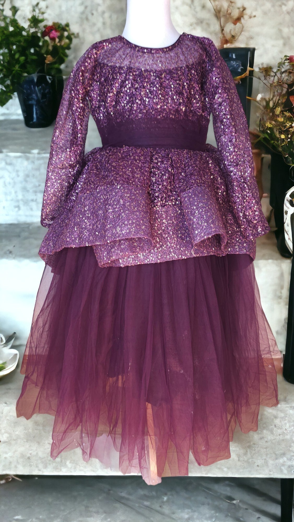 NUDE SHEER LACE  HIGH LOW TULLU LONG DRESS