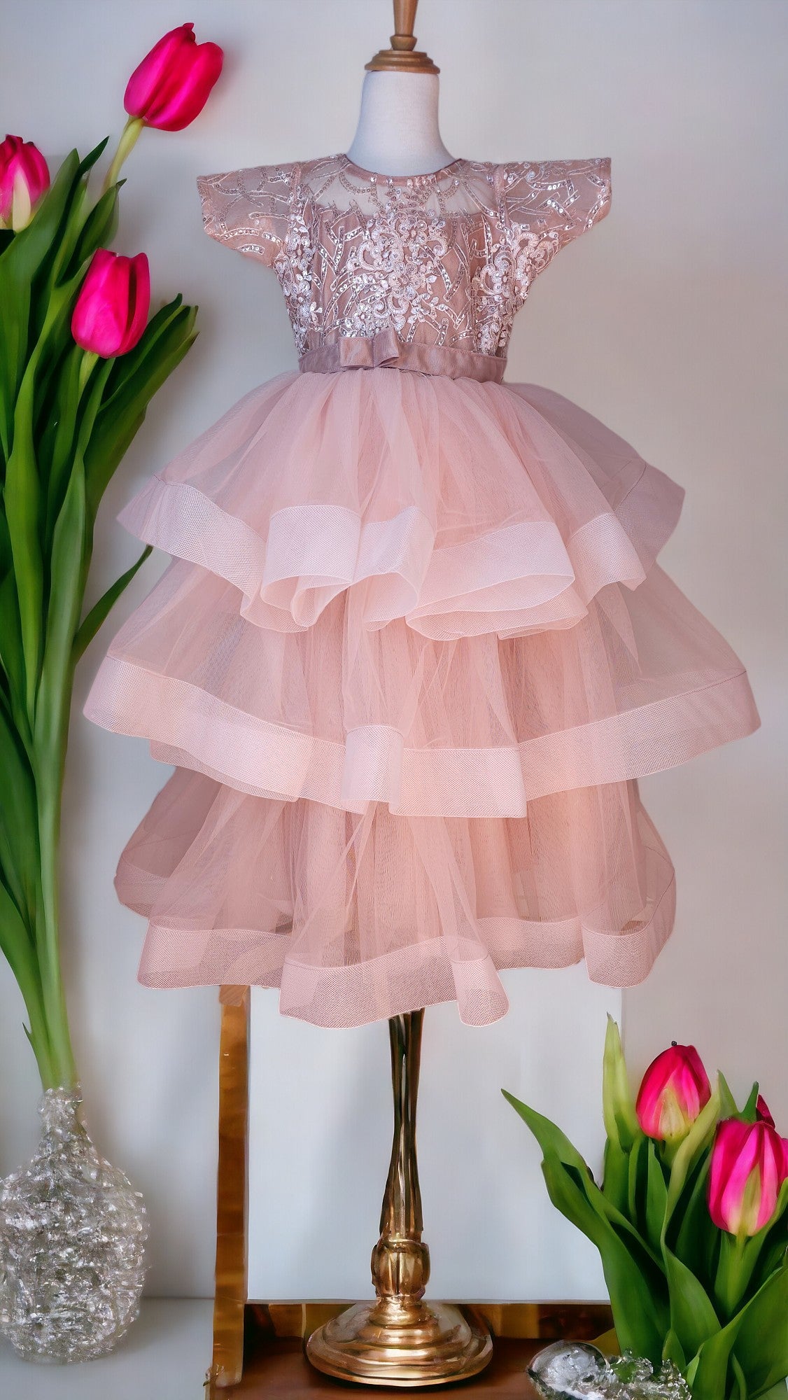 LACE SHEER RUFFLE LONG DRESS