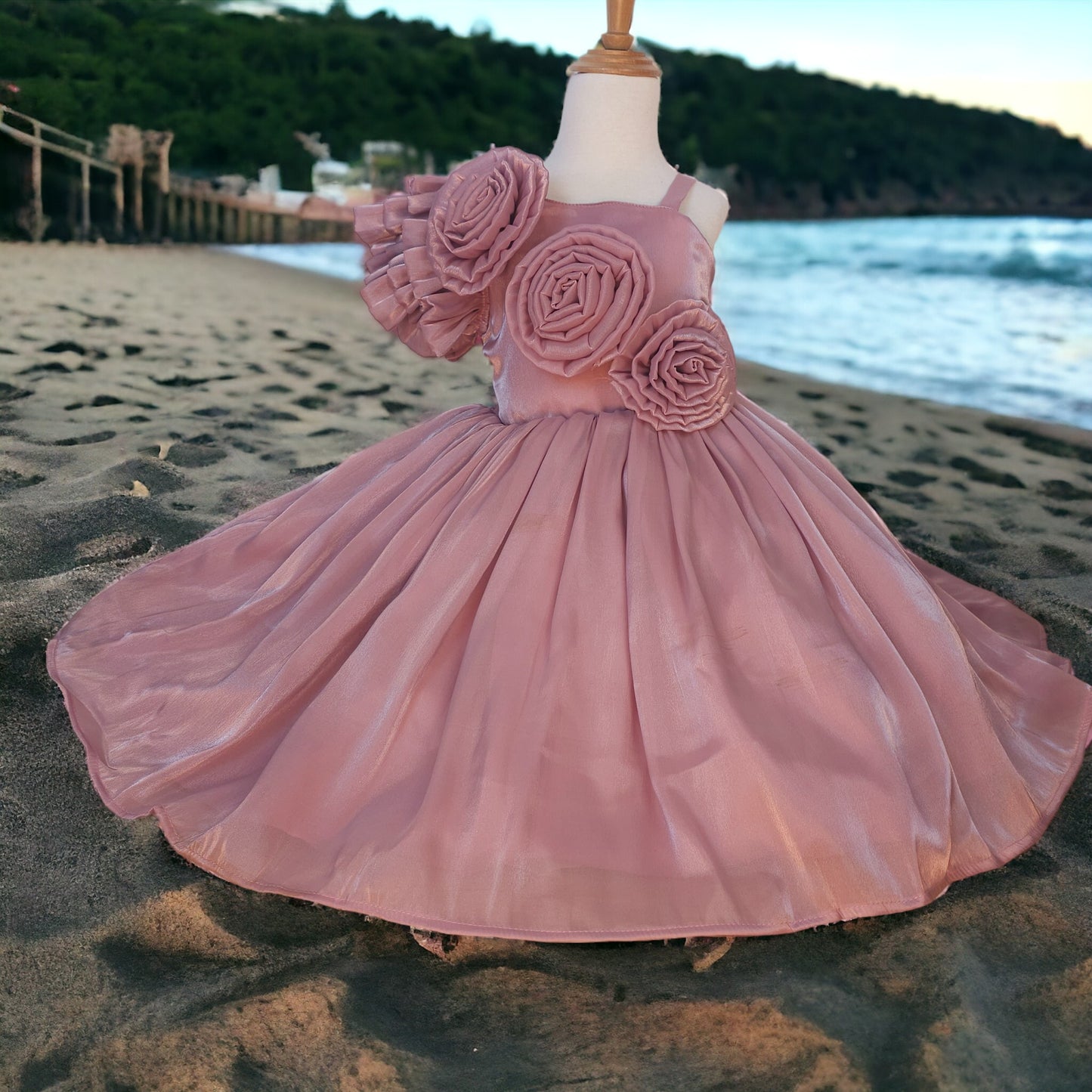 Pink Organza Ruffle Single Hand Dress