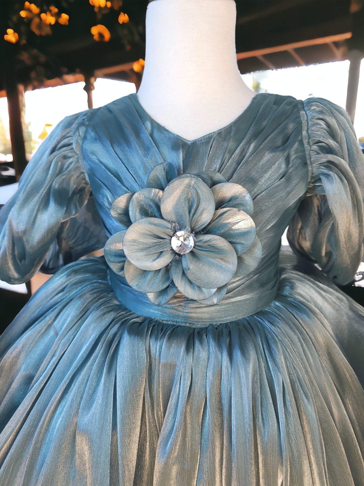 Big Flower Ash Green Organza Dress