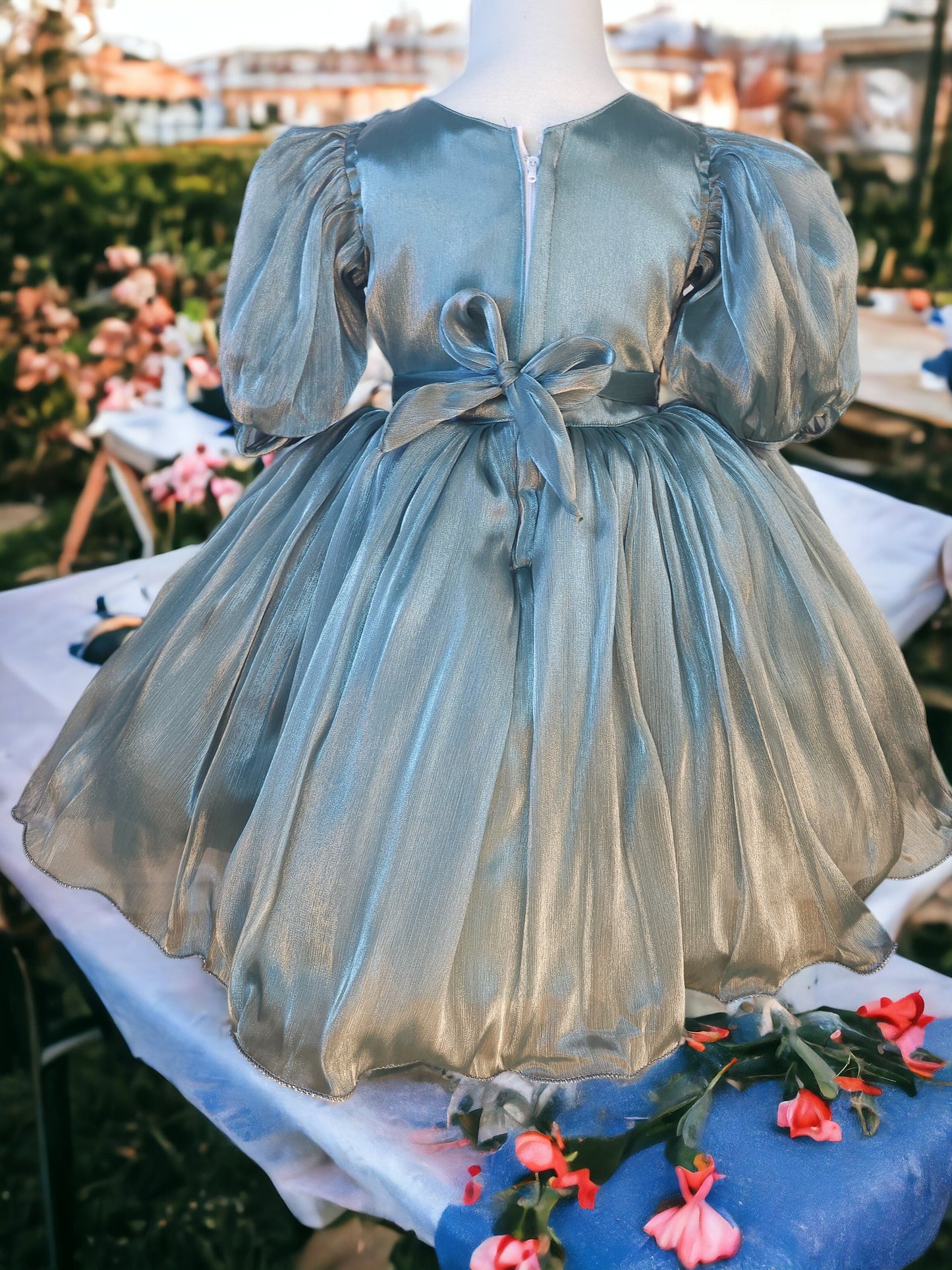 Big Flower Ash Green Organza Dress
