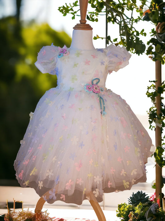 3D Rainbow Flower White Dress