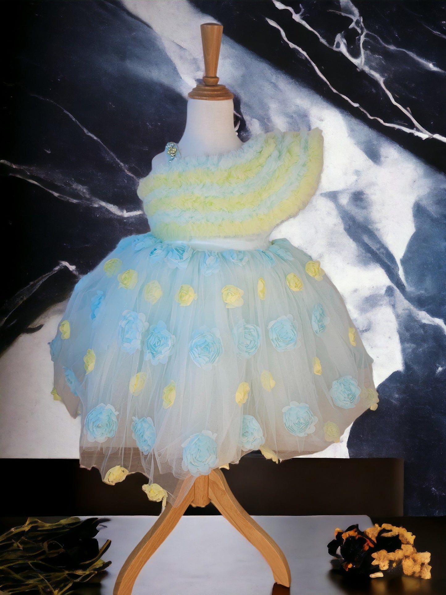 Single shoulder Ruffle Blue Dress