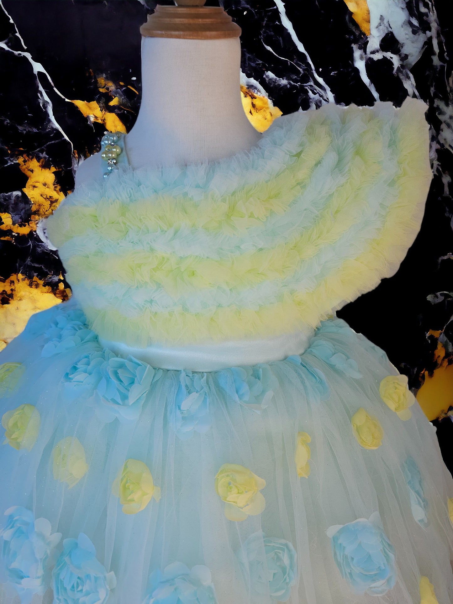 Single shoulder Ruffle Blue Dress